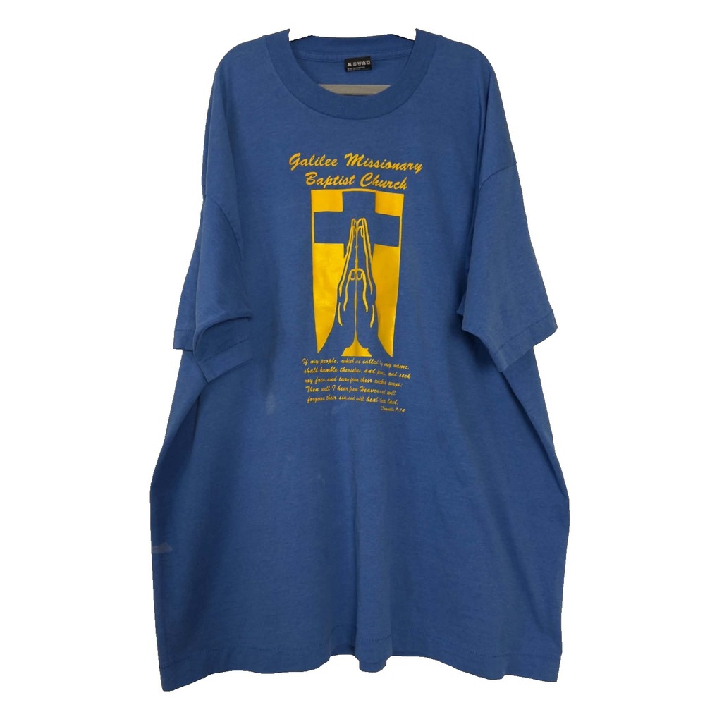 Vintage BEST Fruit Of The Loom XXL Church T Shirt Blue Made USA Religious Graphi